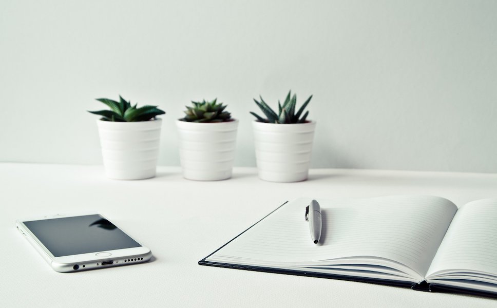 Desk with plants, phone, and journal